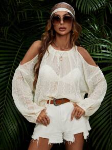 SHEIN VCAY Cold Shoulder Lantern Sleeve Blouse Without Bra - Apricot - View 6