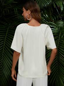 Aveloria Solid Batwing Sleeve Cut Out Front Blouse - Beige - View 2