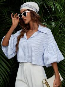 Aveloria Striped Print Drop Shoulder Crop Shirt For Summer Vacation  - Blue and White - View 1