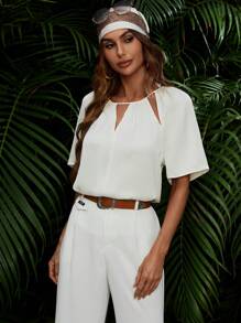 Aveloria Solid Batwing Sleeve Cut Out Front Blouse - Beige - View 4