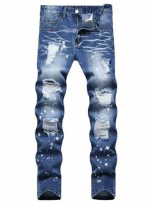Men Splash Ink Print Ripped Frayed Bleach Wash Jeans - Dark Wash - View 1