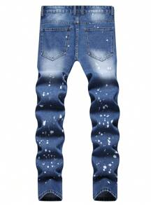 Men Splash Ink Print Ripped Frayed Bleach Wash Jeans - Dark Wash - View 2