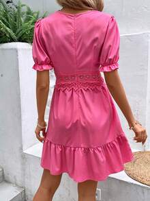 SHEIN VCAY Vestido con encaje de manga farol bajo con fruncido - Rosa - Ver 2
