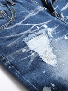 Men Splash Ink Print Ripped Frayed Bleach Wash Jeans - Dark Wash - View 4