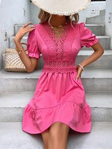 SHEIN VCAY Vestido con encaje de manga farol bajo con fruncido - Rosa - Ver 4