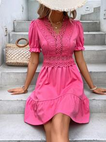 SHEIN VCAY Vestido con encaje de manga farol bajo con fruncido - Rosa - Ver 5