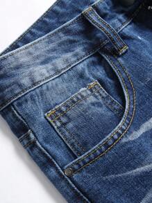 Men Splash Ink Print Ripped Frayed Bleach Wash Jeans - Dark Wash - View 6