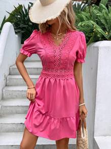 SHEIN VCAY Vestido con encaje de manga farol bajo con fruncido - Rosa - Ver 6