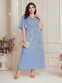 Modelyn Plus Contrast Sequin Butterfly Sleeve Knot Side Wrap Dress
