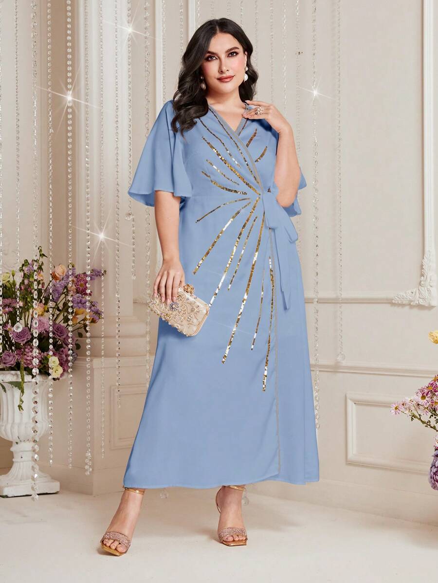 Modelyn Plus Contrast Sequin Butterfly Sleeve Knot Side Wrap Dress