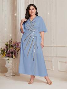 Modelyn Plus Contrast Sequin Butterfly Sleeve Knot Side Wrap Dress