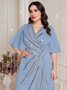 Modelyn Plus Contrast Sequin Butterfly Sleeve Knot Side Wrap Dress