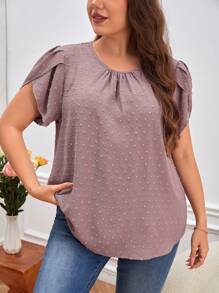 SHEIN LUNE Plus Swiss Dot Petal Sleeve Blouse - Dusty Pink - View 3