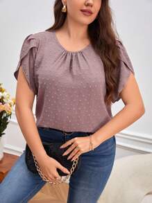 SHEIN LUNE Plus Swiss Dot Petal Sleeve Blouse - Dusty Pink - View 5