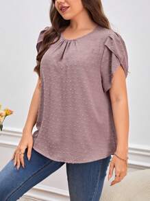 SHEIN LUNE Plus Swiss Dot Petal Sleeve Blouse - Dusty Pink - View 6