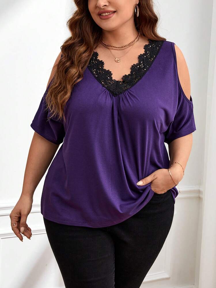 SHEIN Clasi Áo thun Plus size Tương phản ren Cắt ra màu trơn Giải trí - Màu tím - Xem 3