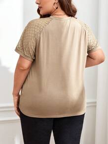 SHEIN Clasi Plus Contrast Lace Raglan Sleeve Seam Detail Tee - Khaki - View 2