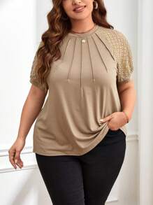 SHEIN Clasi Plus Contrast Lace Raglan Sleeve Seam Detail Tee - Khaki - View 3