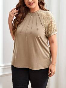 SHEIN Clasi Plus Contrast Lace Raglan Sleeve Seam Detail Tee - Khaki - View 4