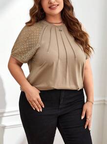 SHEIN Clasi Plus Contrast Lace Raglan Sleeve Seam Detail Tee - Khaki - View 5