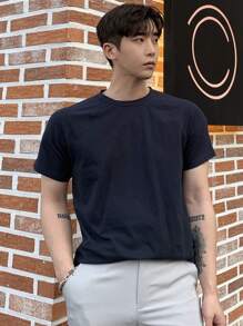 DAZY Hombres Camiseta unicolor de manga raglán - Azul Marino - Ver 7