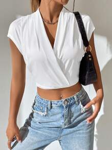 SHEIN Privé Solid Surplice Neck Crop Tee - White - View 1