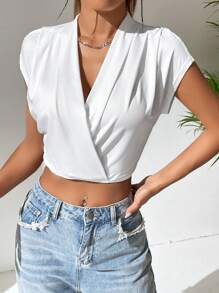 SHEIN Privé Solid Surplice Neck Crop Tee - White - View 6