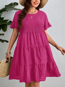 SHEIN VCAY 大碼荷葉袖荷葉邊娃娃裙 - 玫紅色 - 查看 1