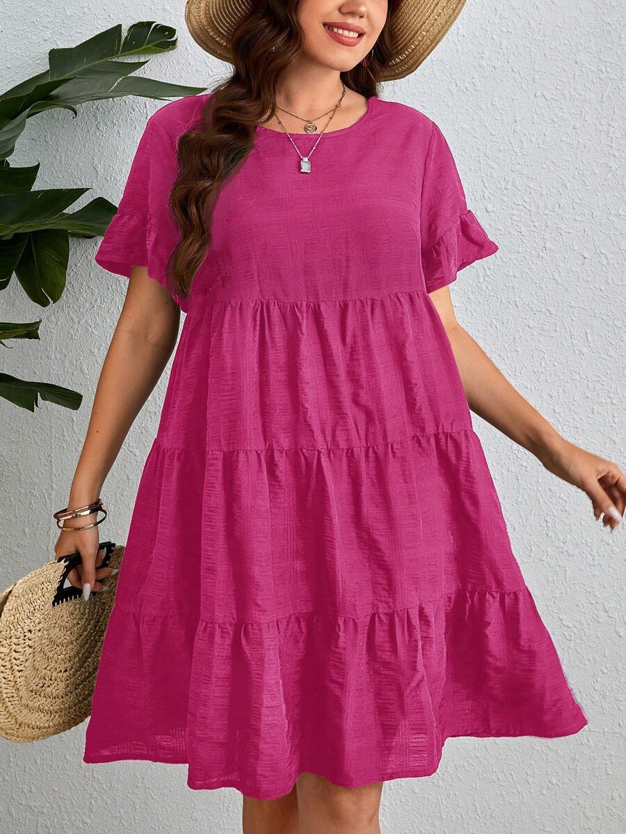 SHEIN VCAY 大碼荷葉袖荷葉邊娃娃裙 - 玫紅色 - 查看 1