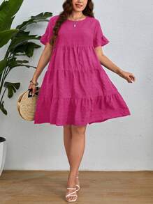 SHEIN VCAY 大碼荷葉袖荷葉邊娃娃裙 - 玫紅色 - 查看 3