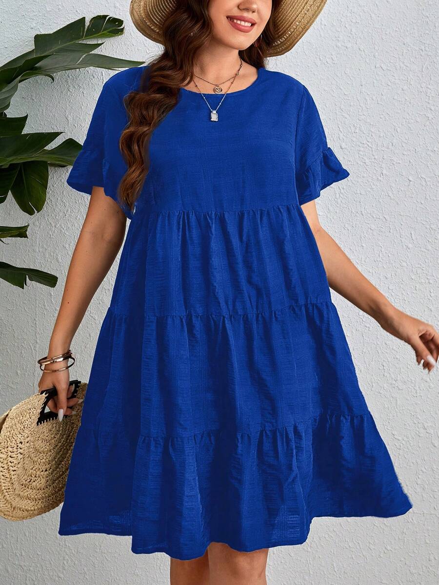 SHEIN VCAY Đầm Plus Size Xù màu trơn Dễ thương - Xanh đậm - Xem 1