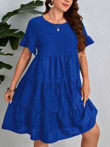 SHEIN VCAY Đầm Plus Size Xù màu trơn Dễ thương - Xanh đậm - Xem 3