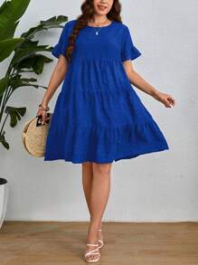SHEIN VCAY Đầm Plus Size Xù màu trơn Dễ thương - Xanh đậm - Xem 4