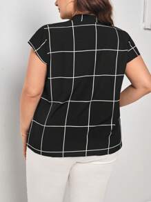 SHEIN Essnce Plus Plaid Print Tie Neck Blouse - Black and White - View 4