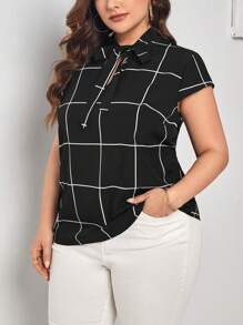SHEIN Essnce Plus Plaid Print Tie Neck Blouse - Black and White - View 1
