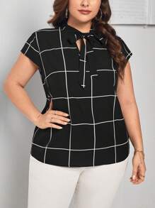 SHEIN Essnce Plus Plaid Print Tie Neck Blouse - Black and White - View 5