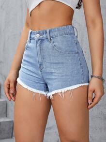 SHEIN EZwear Quần short denim nữ Túi Hem thô Dây kéo màu trơn - Rửa nhẹ - Xem 1