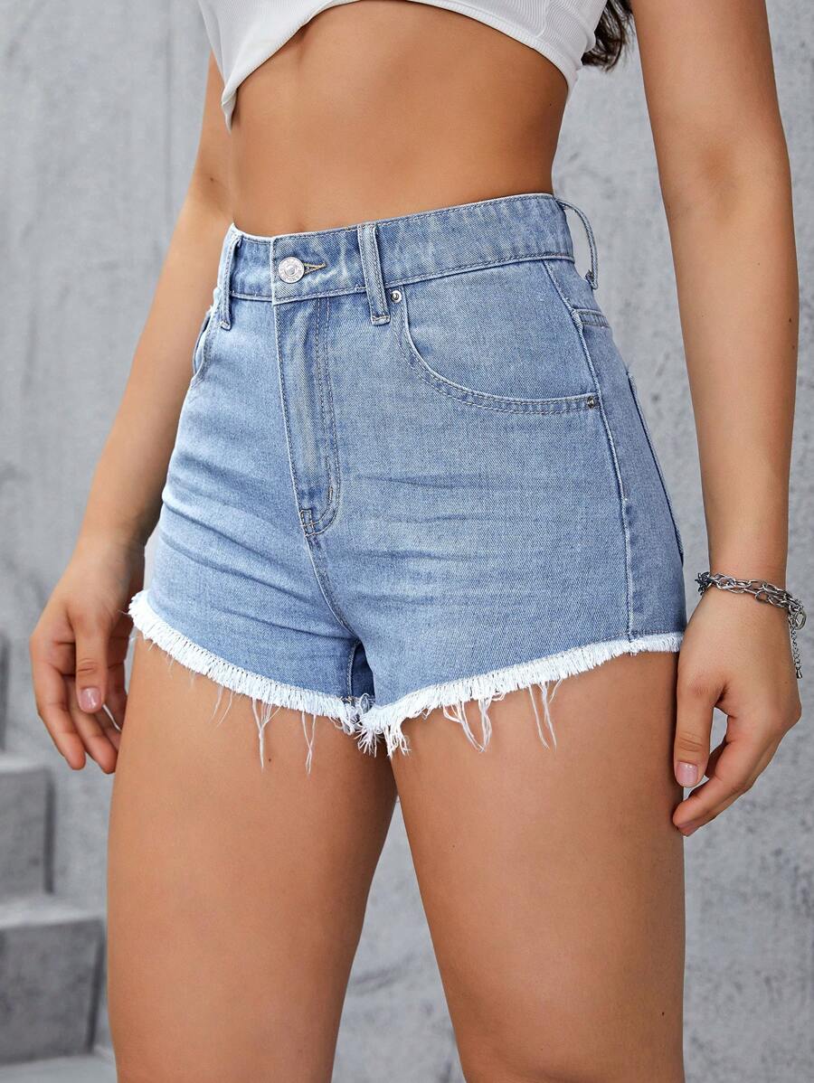 SHEIN EZwear Quần short denim nữ Túi Hem thô Dây kéo màu trơn - Rửa nhẹ - Xem 1