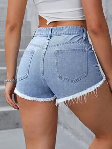 SHEIN EZwear Quần short denim nữ Túi Hem thô Dây kéo màu trơn - Rửa nhẹ - Xem 3