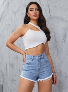 SHEIN EZwear Quần short denim nữ Túi Hem thô Dây kéo màu trơn - Rửa nhẹ - Xem 4