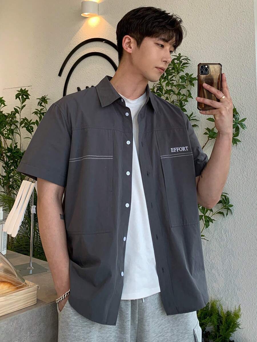 DAZY 男士棉字母圖案前排扣襯衫 - 深灰色 - 查看 1