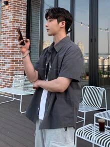 DAZY 男士棉字母圖案前排扣襯衫 - 深灰色 - 查看 6