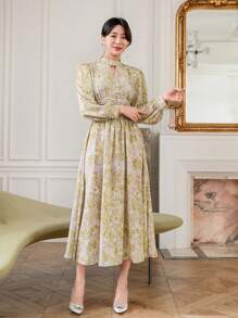 Allover Print Keyhole Neck Lantern Sleeve Dress - Multicolor - View 1