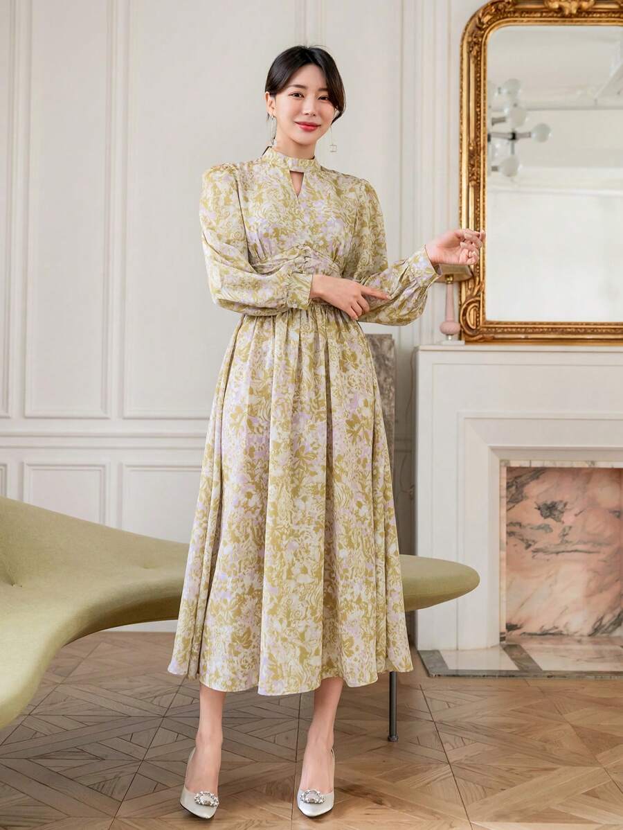 Allover Print Keyhole Neck Lantern Sleeve Dress - Multicolor - View 1