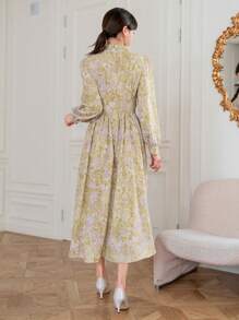Allover Print Keyhole Neck Lantern Sleeve Dress - Multicolor - View 2