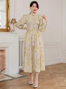Allover Print Keyhole Neck Lantern Sleeve Dress - Multicolor - View 3