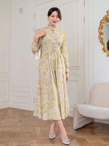 Allover Print Keyhole Neck Lantern Sleeve Dress - Multicolor - View 4