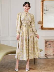 Allover Print Keyhole Neck Lantern Sleeve Dress - Multicolor - View 6