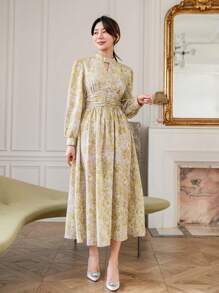 Allover Print Keyhole Neck Lantern Sleeve Dress - Multicolor - View 7