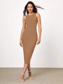 SHEIN BASICS Solid Bodycon Dress - Mocha Brown - View 1